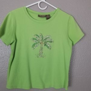 Jane Ashley Green Beaded Palm Tree T-Shirt S